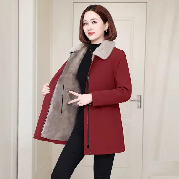 冬季翻领派克服中长仿兔毛毛领仿羊剪绒胆皮草尼克服大衣外套女冬