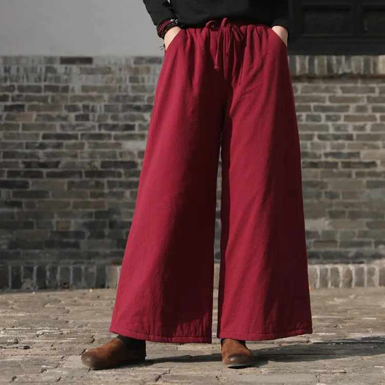 棉裤女外穿加厚夹棉保暖阔腿裤棉麻文艺复古宽松女式休闲系绳棉裤