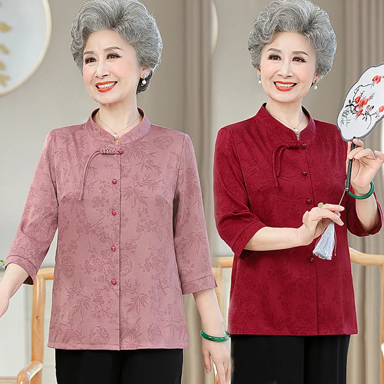 中老年妈妈夏装新款衬衫60岁7080奶奶新中式民族风薄款中国风衬衣