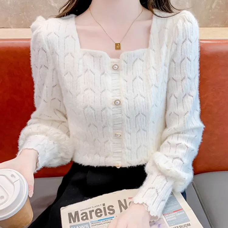 韩版宽松方领蕾丝打底衫女2024春新款简约通勤长袖上衣