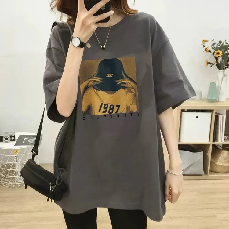 灰色宽松中长款短袖t恤女2025年夏季新款百搭欧货大版半袖ins上衣