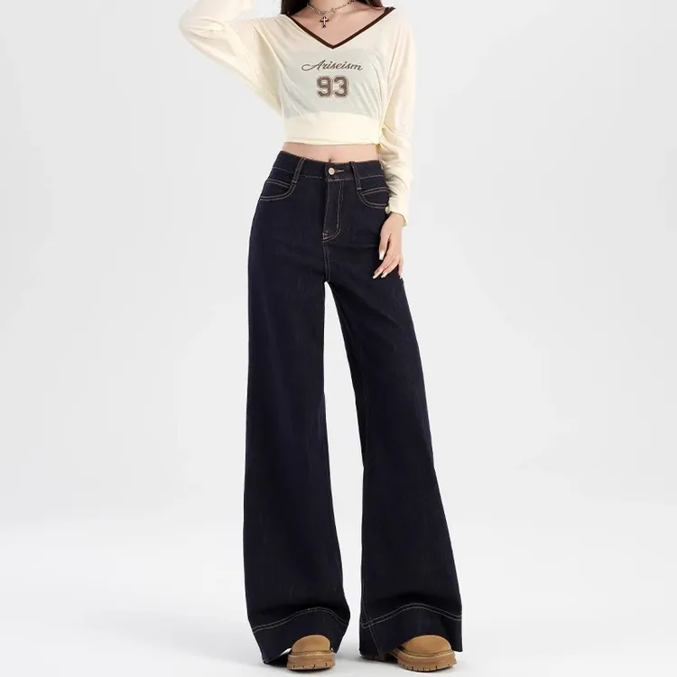 美式丹宁蓝加绒牛仔裤女秋冬慵懒感高腰宽松显瘦不贴腿阔腿喇叭裤