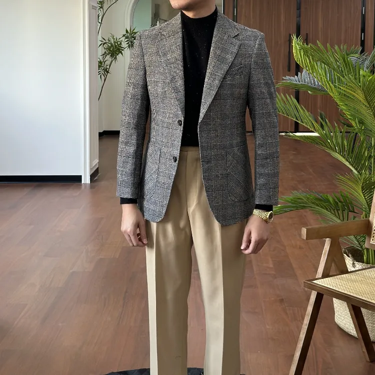 复古伦仕秋冬新款时尚单品复古千鸟格西装商务通勤亲王格羊毛西服