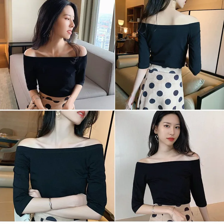 黑色一字领t恤女中袖2024春夏秋季港风露锁骨法式打底衫紧身衣