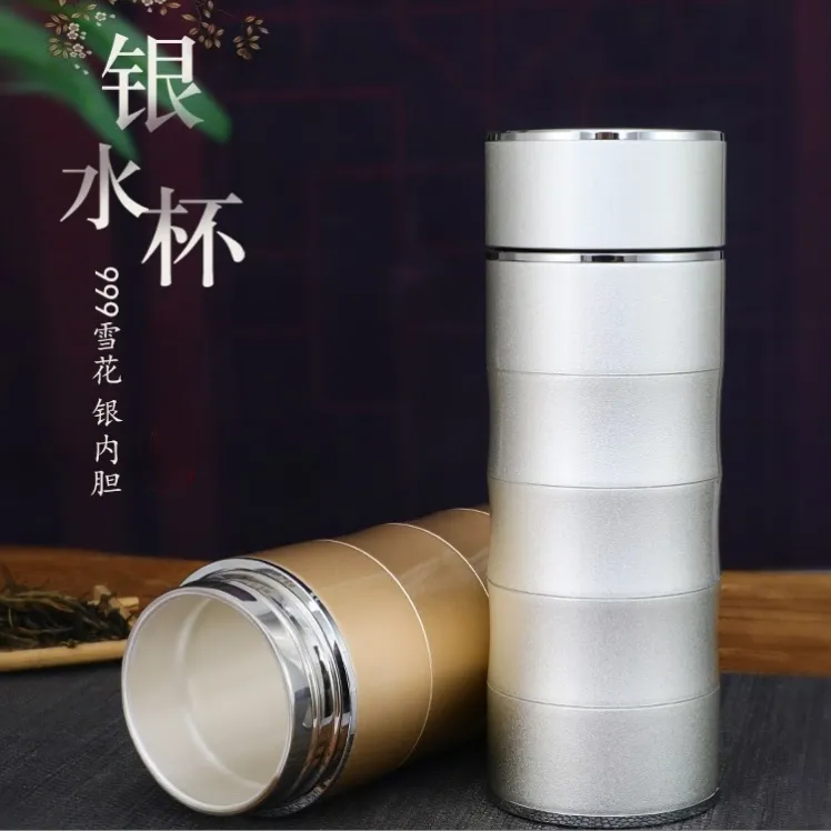 足银银制品 竹节银杯999足银内胆保温杯水杯雪花银双层简约银杯