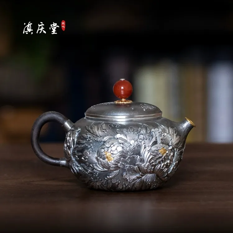 滇庆堂 富丽堂皇牡丹泡茶壶银壶足银999高工纯手工錾刻名家款家用