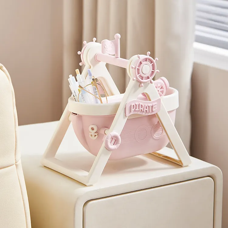 创意海盗船桌面笔筒可爱卡通装饰摆件学生多功能笔架分格收纳盒