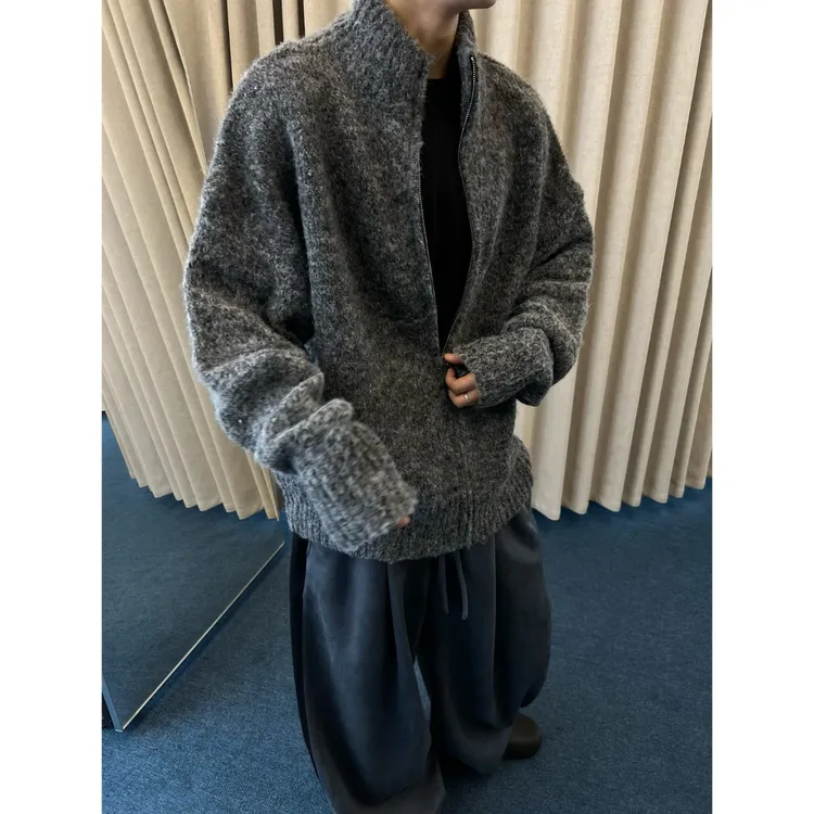 dannyandzee秋季复古宽松慵懒霜感拉链毛衣开衫外套SW553