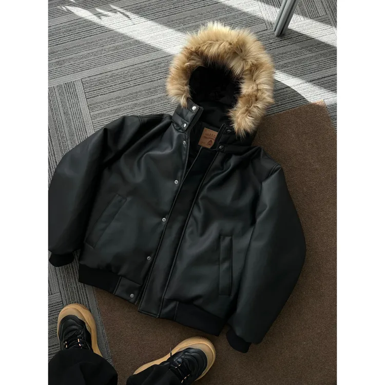 dannyandzee冬季百搭复古高级感可脱卸毛领重磅PU皮棉衣外套SW320