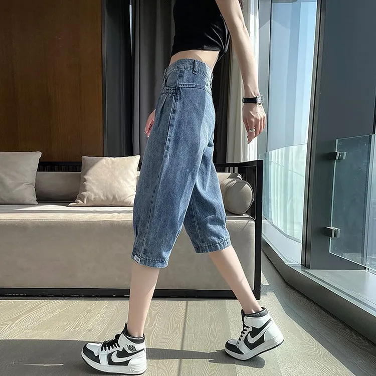 哈伦牛仔裤女七分夏薄2025年新款松紧高腰大码胖mm宽松薄款老爹裤