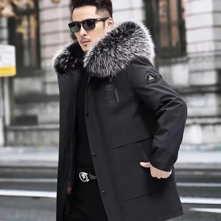 2025新款派克服男士商务中长款獭兔毛内胆可拆卸皮毛一体时尚外套