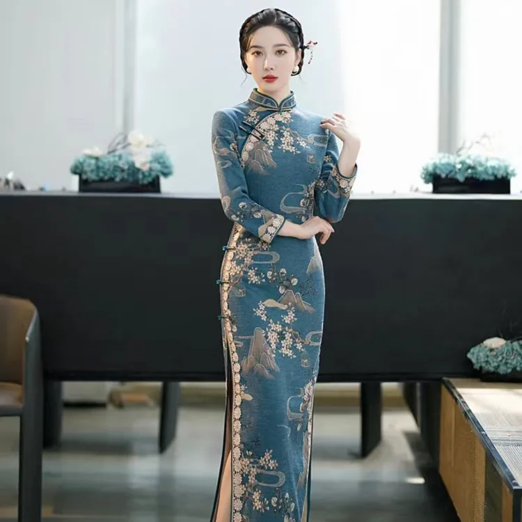 复古中国风传统九分袖秋冬款曼丽绒古法长款旗袍日常气质旗袍显瘦