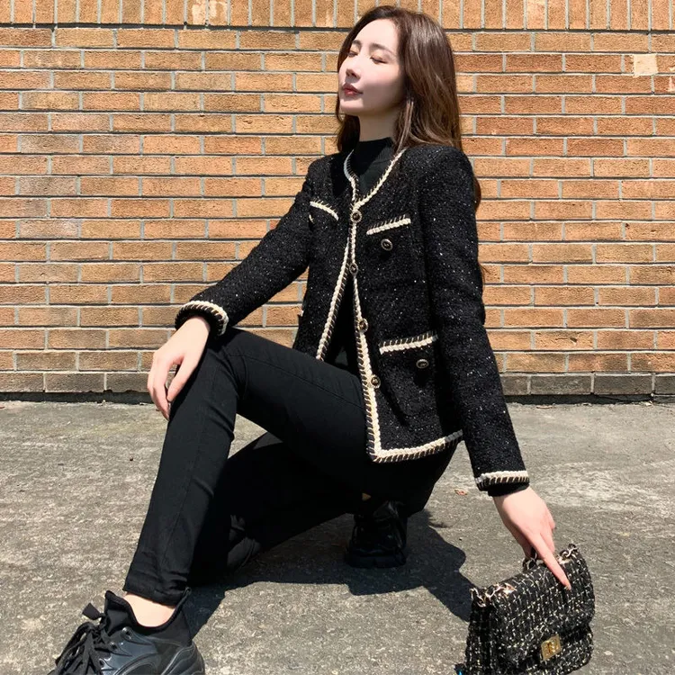 黑色小香风短款外套女2024新款春秋小个子显瘦名媛粗花呢上衣时尚