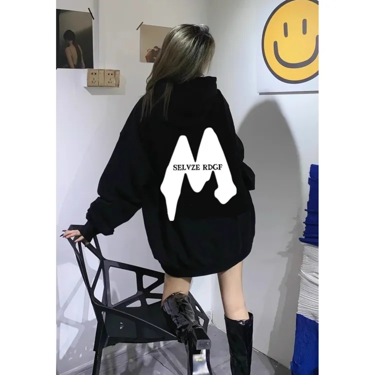 秋冬加绒黑色连帽卫衣女士2025新款爆款高档宽松显廋加厚外套上衣