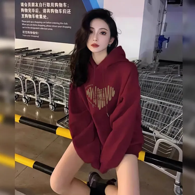 酒红色连帽卫衣女2025秋冬季加绒新款爆款小个子中长款遮屁股上衣