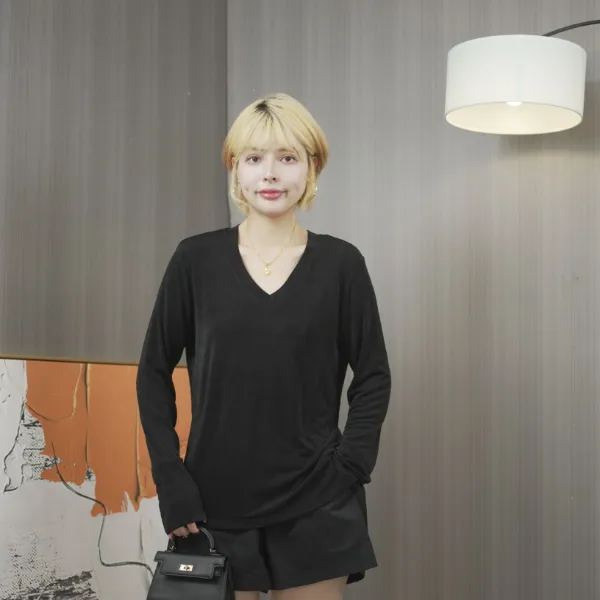 362新品百搭显瘦开叉V领内搭长袖T恤上衣打底衫出行简约气质韩版