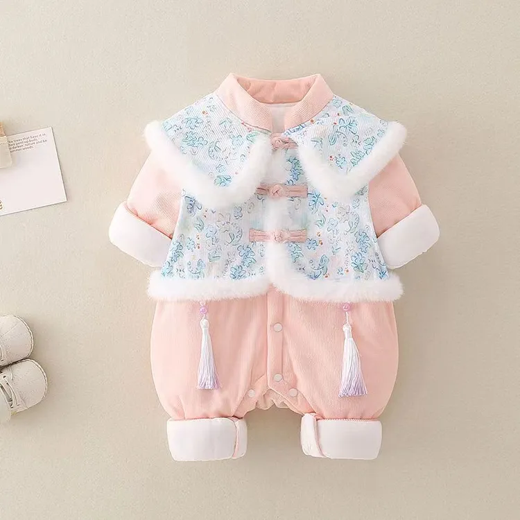 婴儿秋冬中国风连体衣新生女宝宝可爱公主满月汉服加绒夹棉外出服