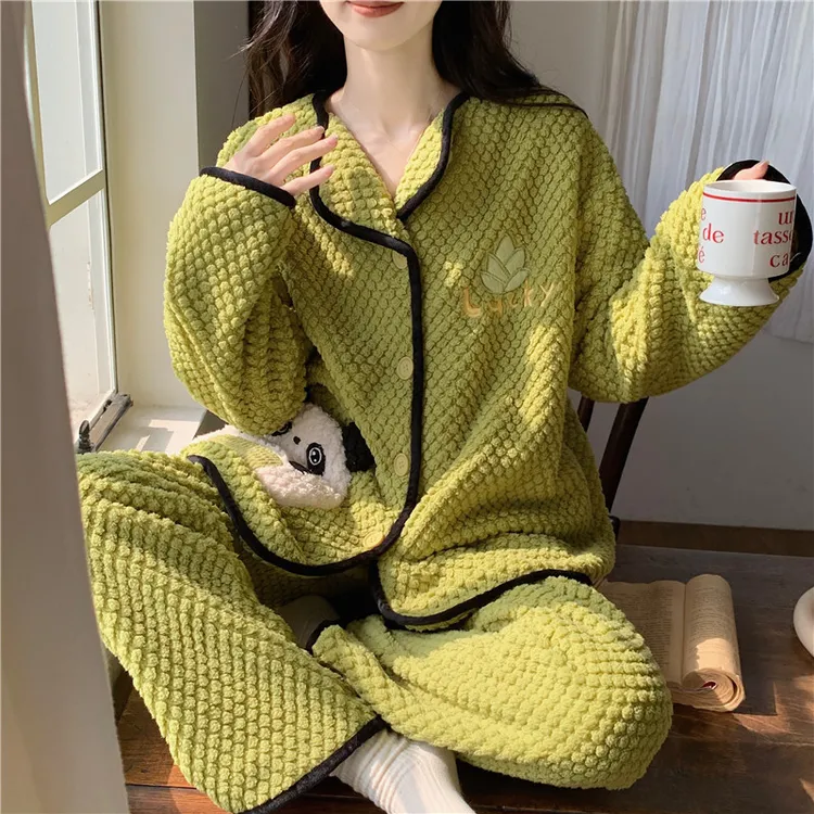 睡衣女法兰绒冬季开衫翻领玫瑰绒ins卡通可爱网红保暖家居服套装