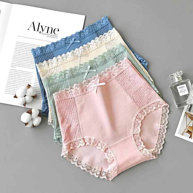 若皙女士内裤高腰全棉透气蕾丝无痕包臀大码胖mm简约少女三角裤
