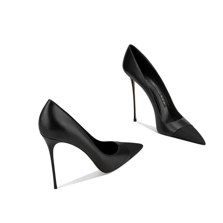 2025秋季新款气质女洋气拼接通勤百搭细跟浅口黑色尖头职业高跟鞋