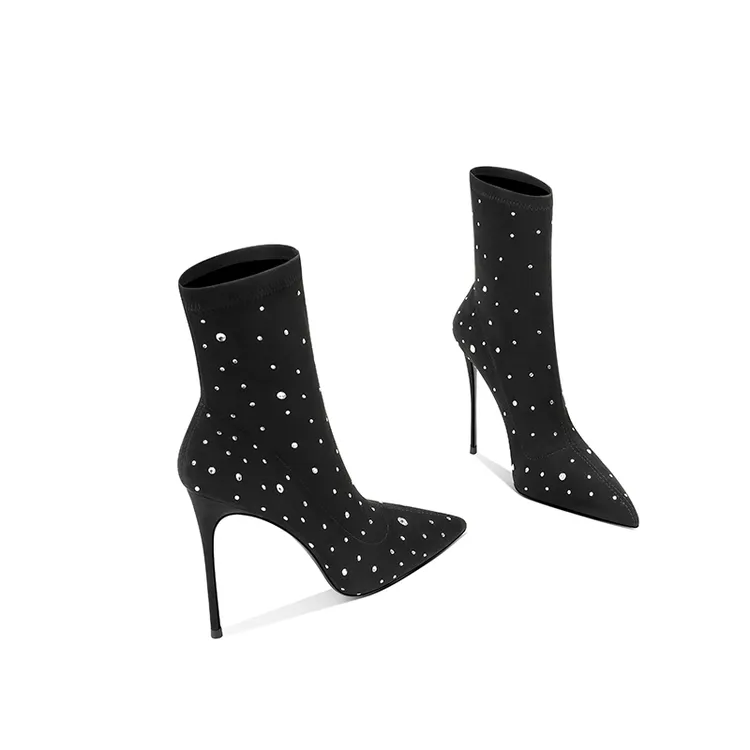 黑色欧美细跟尖头高跟鞋女2025新款弹力瘦瘦靴堆堆短靴小个子百搭