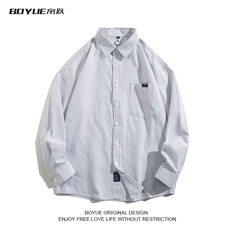 BOYUE帛跃春季痞帅港风百搭条纹衬衫薄款宽松长袖外套男情侣衬衣