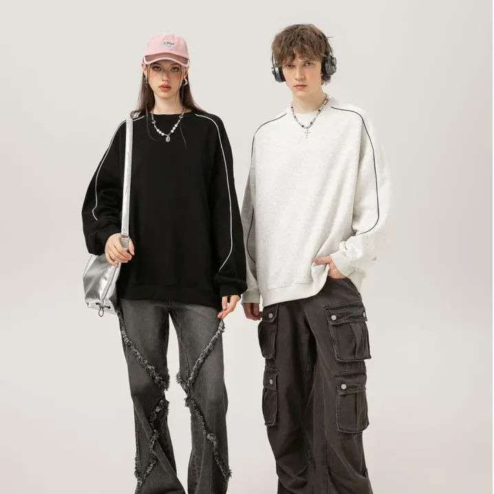 美式潮牌条纹圆领卫衣男女秋冬新款ins简约风宽松情侣学生上衣