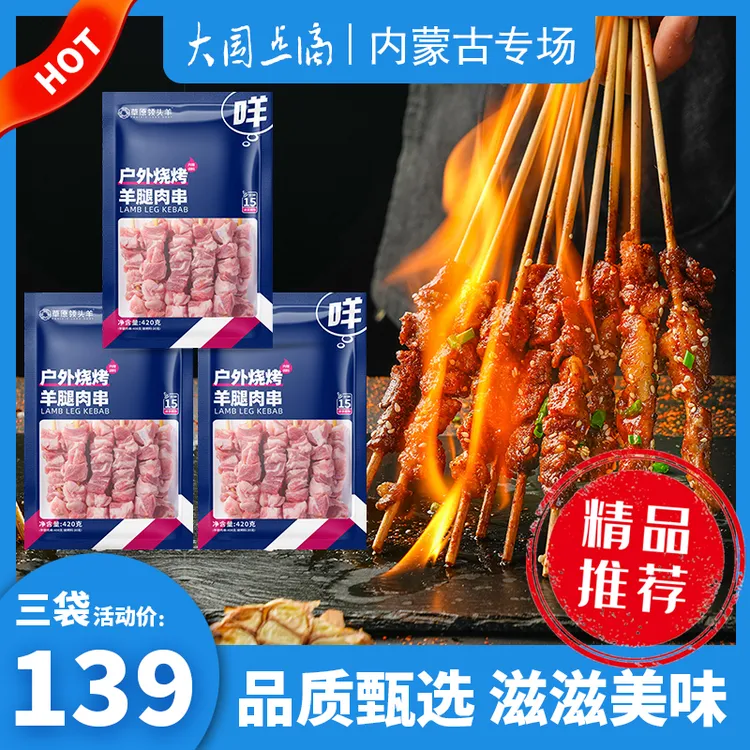 草原领头羊内蒙古羊肉串420g*3户外烧烤食材品质羊腿肉串60串香辣