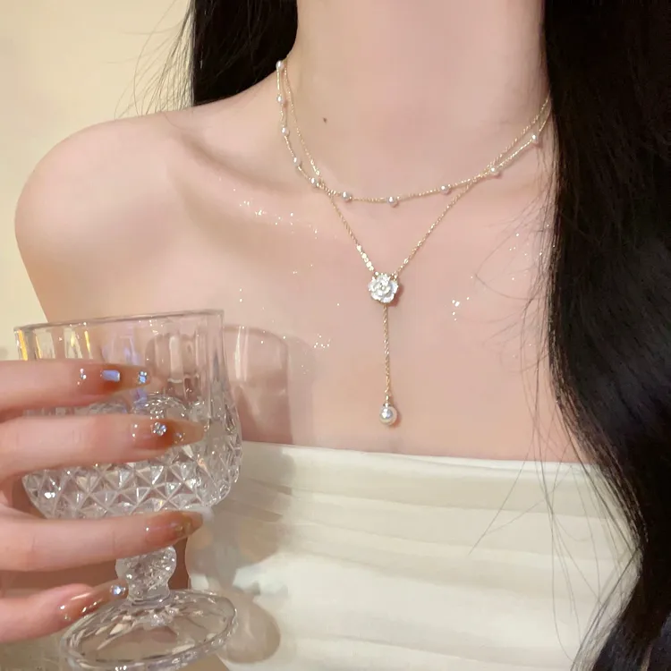 钛钢项链 法式山茶花双层流苏珠珠项链小众轻奢高级感锁骨链1467