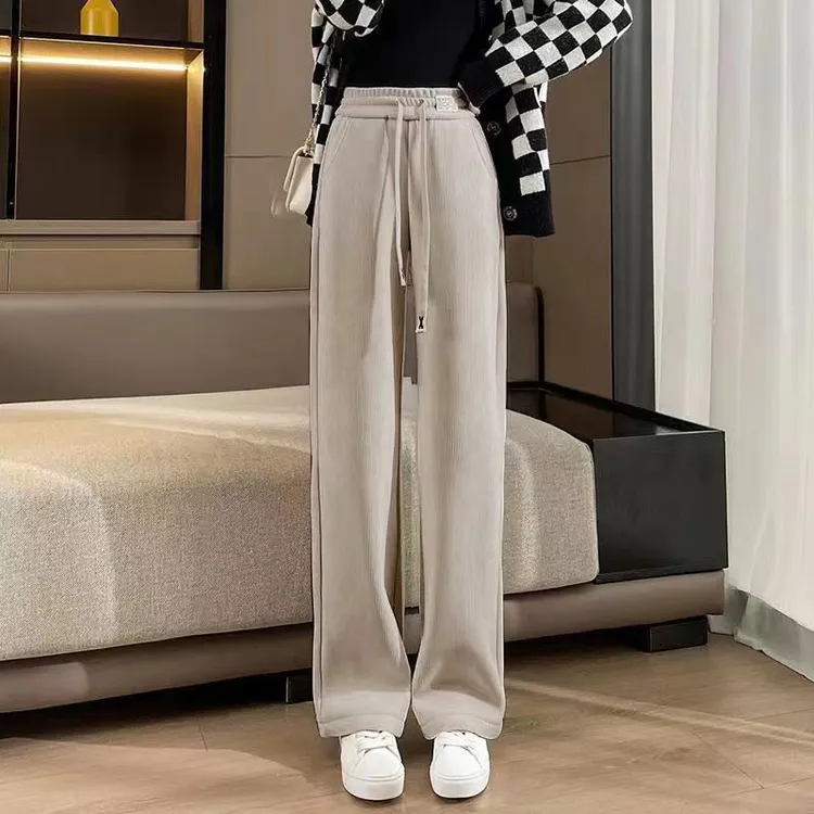 柔软亲肤欧棉绒窄版直筒裤秋冬季休闲女裤高腰垂感加厚直筒休闲裤