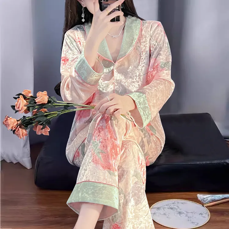 2024新款轻奢金钻绒睡衣女秋冬高级感家居服套装春秋季长袖金丝绒