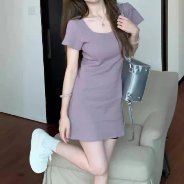 夏季香芋紫u领棉混纺显瘦温柔短袖连衣裙女纯欲修身包臀弹力短裙