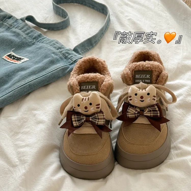 可爱猫猫雪地靴女2025冬季厚底加绒二棉加厚保暖休闲百搭短筒棉鞋