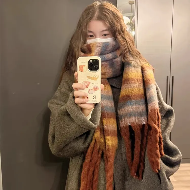 冬季韩版百搭休闲针织千鸟格围脖情侣学生加厚保暖复古高档围巾女