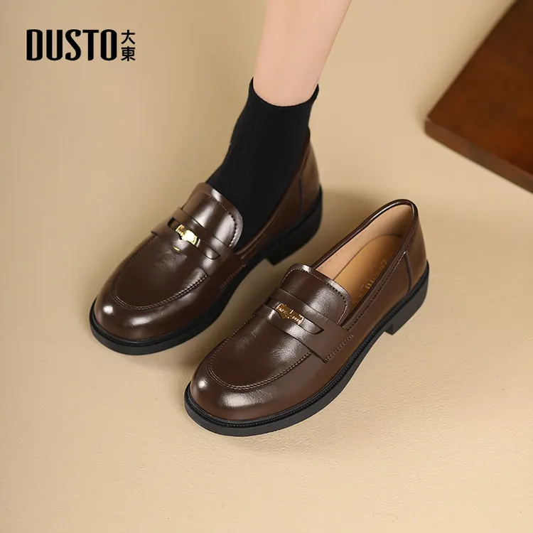 DUSTO/大东圆头低跟乐福鞋女生秋冬潮流粗跟女鞋软皮软底单鞋0206