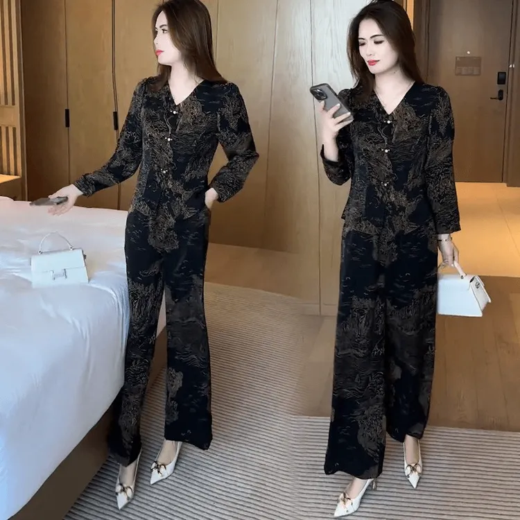 H623新中式时尚套装女秋季新款洋气显瘦盘扣上衣阔腿裤印花两件套
