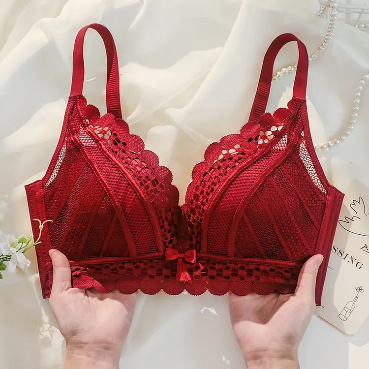 红色内衣女喜事套装结婚新娘本命年加厚小胸聚拢酒红色文胸马年