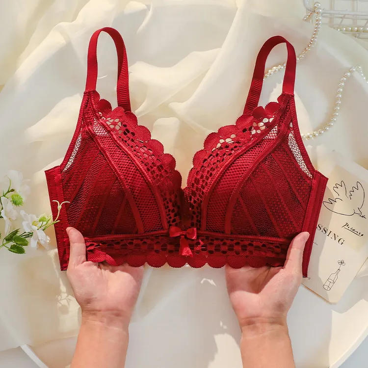 红色内衣女喜事套装结婚新娘本命年加厚小胸聚拢不空杯大红色蕾丝