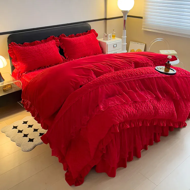 高级感婚庆大红牛奶绒床盖款四件套韩版花边床裙被套宝宝绒四件套