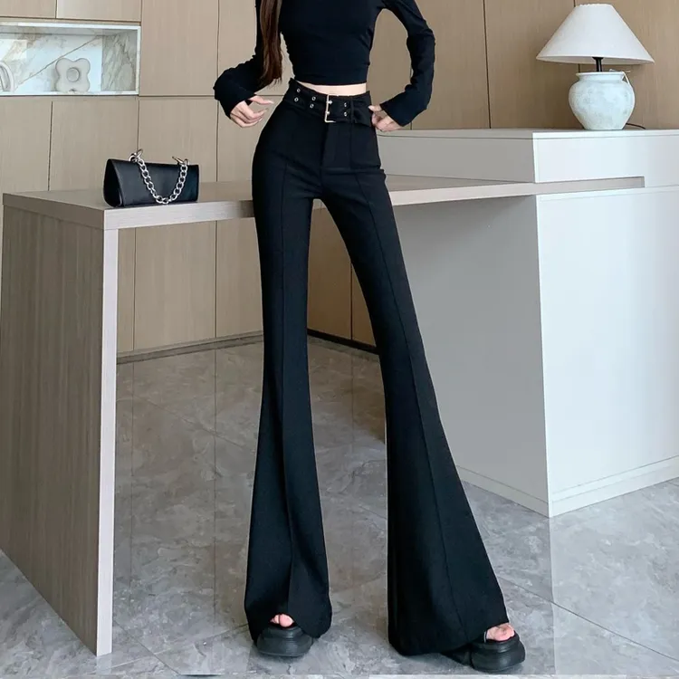 黑色喇叭裤女秋冬加绒加厚高腰修身显瘦西装微喇裤马蹄裤拖地长裤