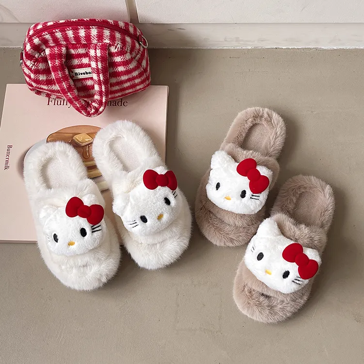 可爱kt猫咪毛毛拖鞋秋冬外穿女毛绒女士加绒一字棉拖鞋室内家居