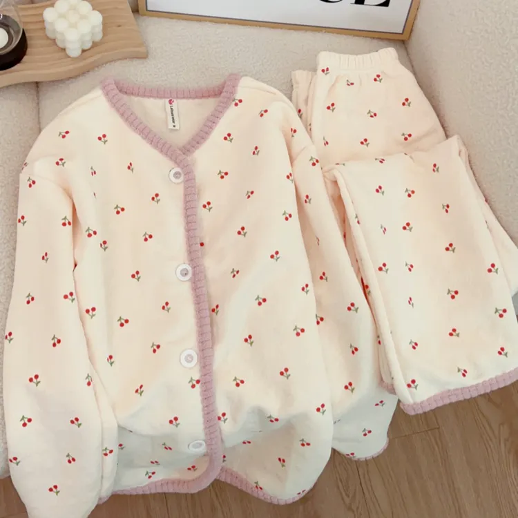 加厚空气棉夹层睡衣女秋冬季甜美可爱碎花少女保暖开衫家居服春秋