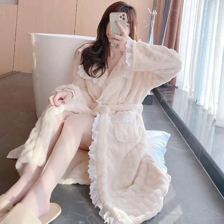 2023新款睡袍女秋冬季珊瑚绒加厚加绒长款睡衣冬天洗澡浴袍家居服