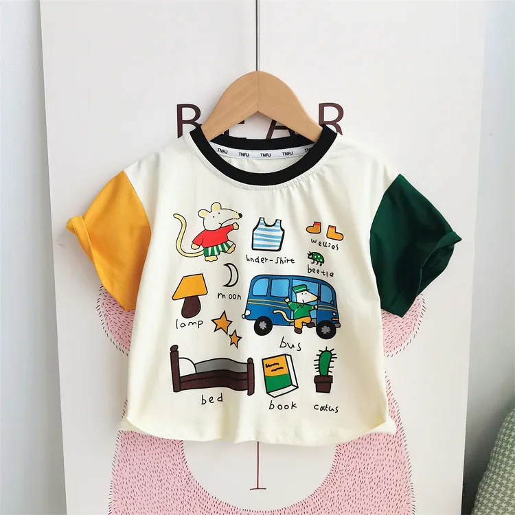 2024夏装男童短袖t恤卡通夏季宝宝男孩小童上衣儿童拼色半袖洋气