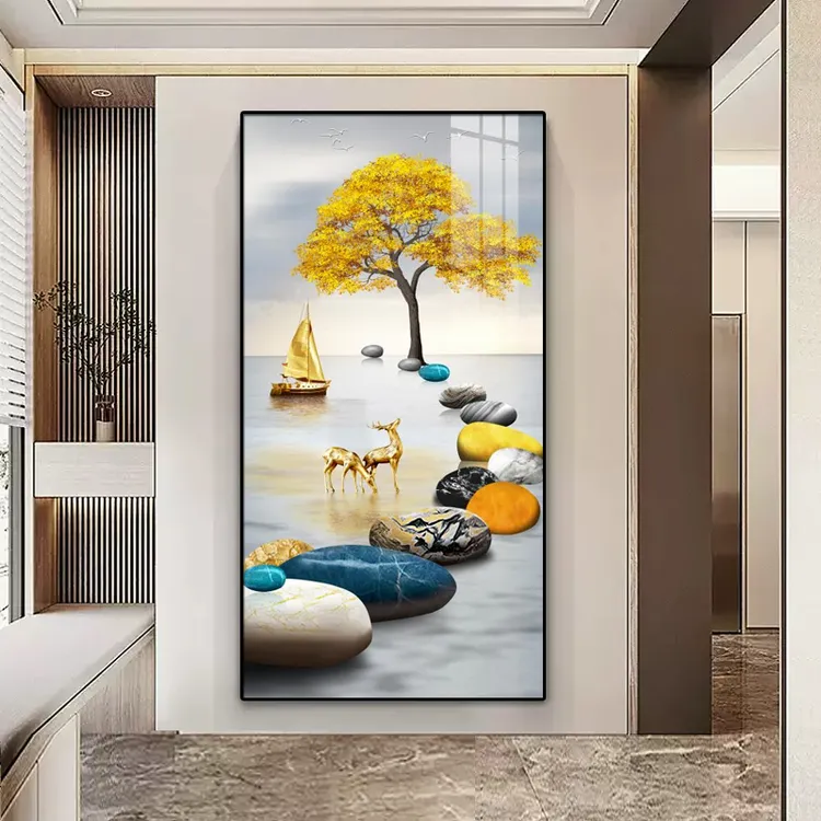 入户玄关装饰画立体走廊尽头壁画石头好寓意正对门过道背景墙挂画