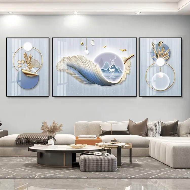 福禄客厅装饰画轻奢羽毛沙发三联画现代蓝色好寓意沙发背景墙挂画