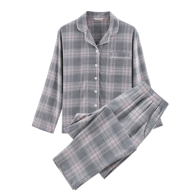【女款】全棉法兰绒情侣男女长袖格子舒适翻领纯棉睡衣套装时尚