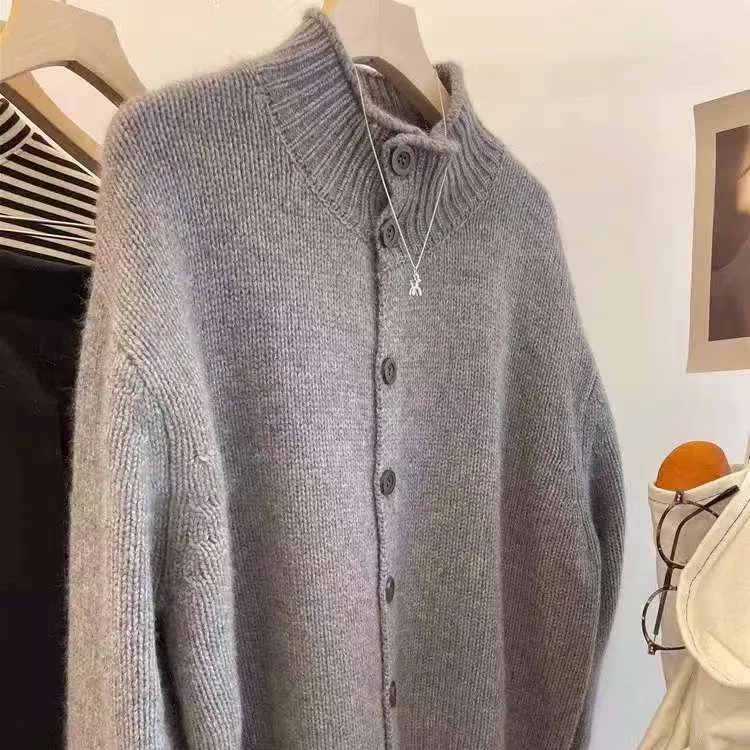 2025春秋新款半高领单排扣纯色毛衣针织衫宽松上衣时尚外套女新年
