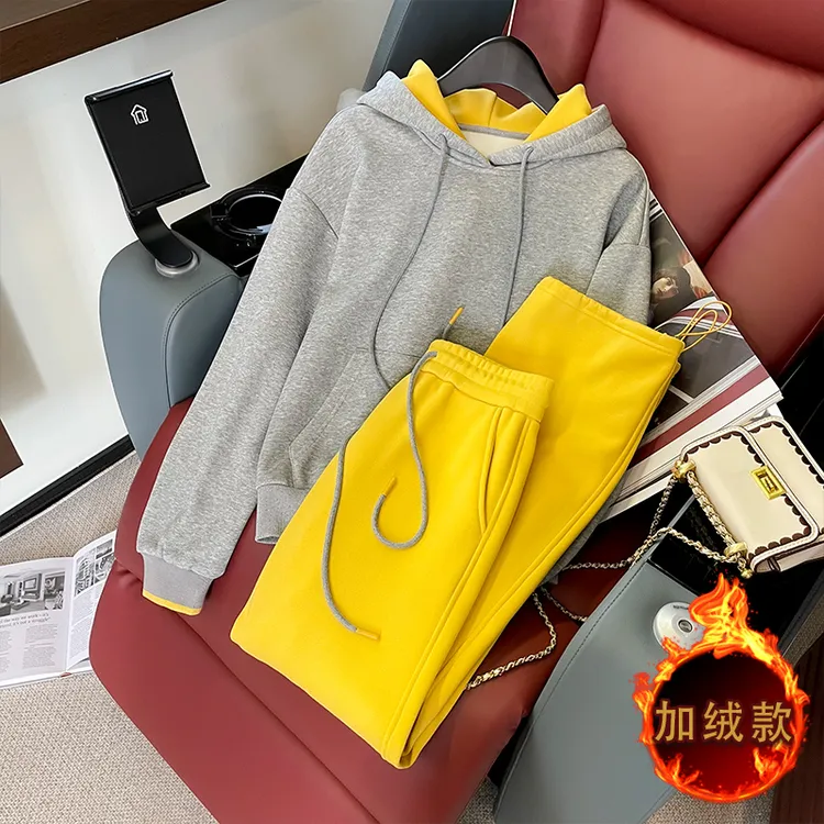 设计感撞色连帽卫衣套装女秋冬新款宽松慵懒百搭上衣阔腿裤两件套