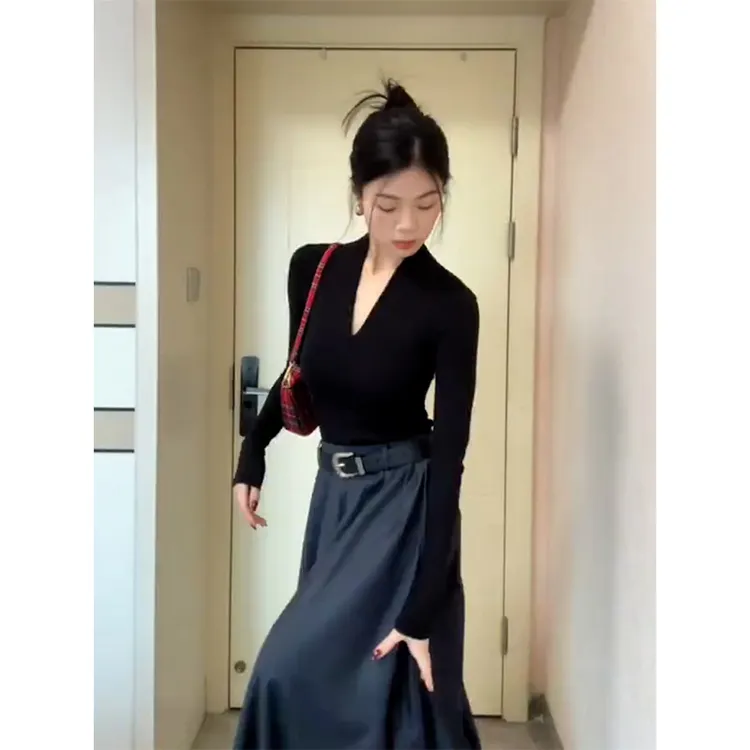 黑色气质v领长袖t恤女秋冬季内搭打底衫修身显瘦收腰早秋chic上衣